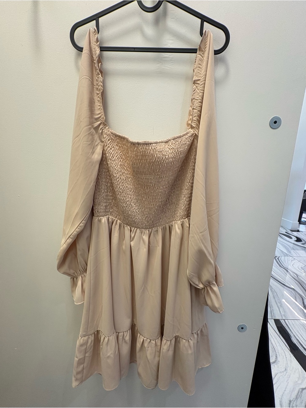 Doublju Beige Smocked Off-Shoulder Mini Dress